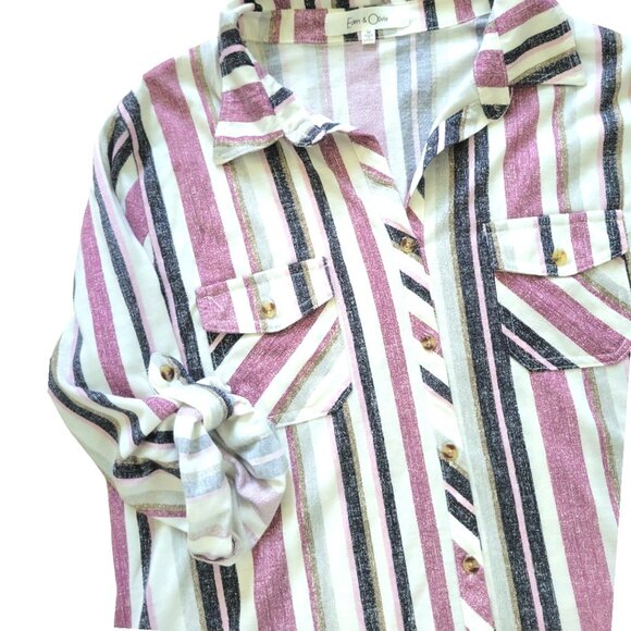 Womens M eden & Olivia purple striped 3/4 sleeve button tab button down top - Picture 6 of 9